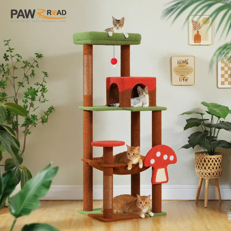 PAWZ Road Cat Tree for Large Cats with Big Hammock, 56.3-Inch Cat Tower with 2 Door Condo House, 6-Tier Cat with Scratching P...