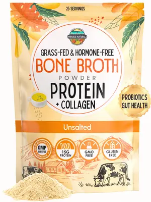 Paradise Naturals 100% Grass-Fed Bone Broth Powder with Active Probiotics - Collagen & Protein Rich - Digestion and Gut Healt...