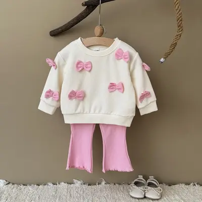 Toddler Baby Girl Clothes Fall Winter Spring 3D Bow Ruffle Long Sleeve Sweatshirt Pink white Striped Elastic Pants Set Infant...