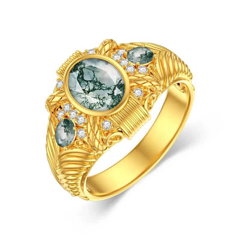 10K Gold 2 CT Round Cut Moss Agate Personalized Engraving Band