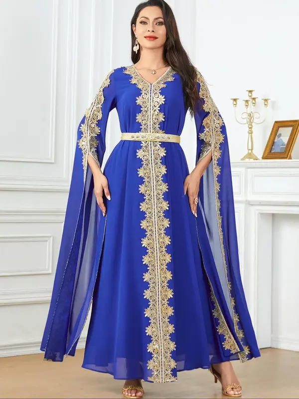 Arabic Clothing-contrast Lace Split Sleeve Dress with Tassel Decor Waist Belt, Elegant Contrast Sequin V Neck Maxi Dress for ...