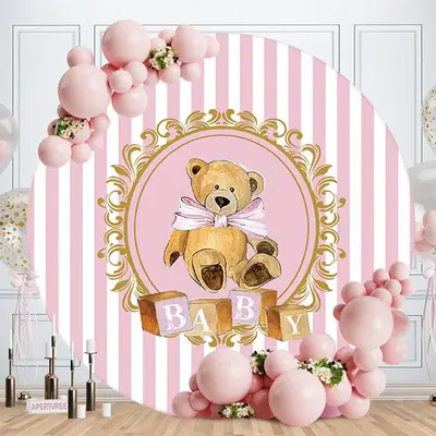Aperturee Pink White Stripes Round Teddy Baby Shower Backdrop