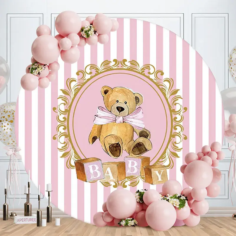 Aperturee Pink White Stripes Round Teddy Baby Shower Backdrop