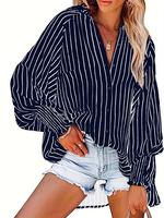 Women's Striped Print Flounce Sleeve Button Front Shirt, Casual Long Sleeve Collared Pocket Top for Spring & Fall, Women's Cl...