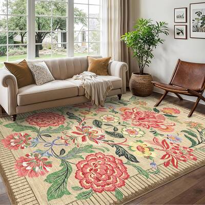 Garvee Floral Area Rug 9x12 Non-Slip Stain Resistant Ultra Thin Low Pile Soft Durable Botanical Print Living Room Bedroom Din...
