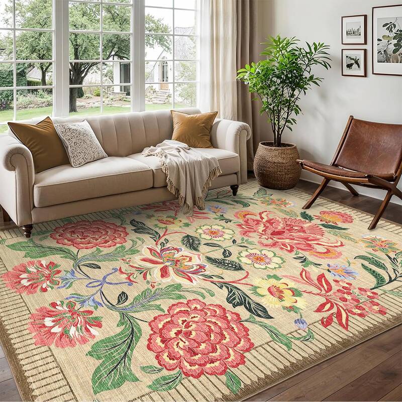 Garvee Floral Area Rug 9x12 Non-Slip Stain Resistant Ultra Thin Low Pile Soft Durable Botanical Print Living Room Bedroom Din...