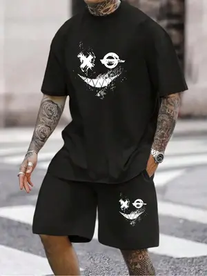 Two-Piece Set Men's Cartoon Print Tee & Drawstring Pocket Shorts Set, Regular Fit Streetwear Crew Neck Short Sleeve T-Shirt ...