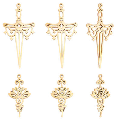Beebeecraft 12Pcs 2 Style Sword Charms 18K Gold Plated Stainless Steel Hollow Lotus Flower Sword Charms for Jewelry Making DI...