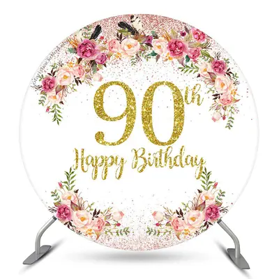 Aperturee Pink Floral Glitter Round 90Th Birthday Backdrop | Custom Round Birthday Backdrop | Round Party Backdrop | Circle B...