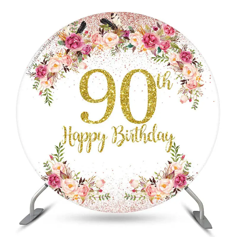 Aperturee Pink Floral Glitter Round 90Th Birthday Backdrop | Custom Round Birthday Backdrop | Round Party Backdrop | Circle B...