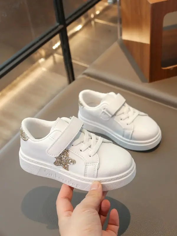 Fashionable Star Pattern Velcro Design White Sneakers, Casual Comfortable Sports Running Shoes for Boys & Girls, All-match Ro...