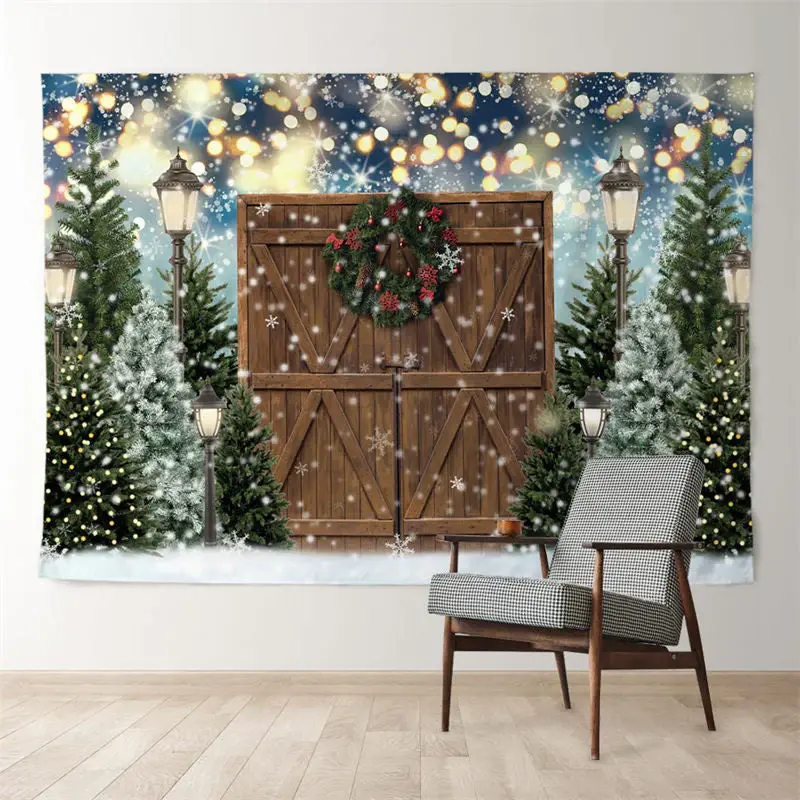 Aperturee Wood Door Pine Tree Snowy Lights Xmas Backdrop
