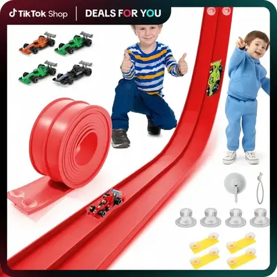 Hotfree Flex Tracks 15Ft for Kids, STEM Flexible Race Car Ramp Track with 4 Small Racecars 12 Suction Cups and 1 Hook, Compat...