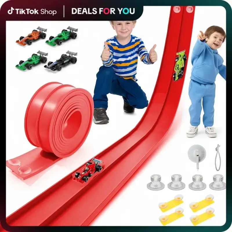 Hotfree Flex Tracks 15Ft for Kids, STEM Flexible Race Car Ramp Track with 4 Small Racecars 12 Suction Cups and 1 Hook, Compat...