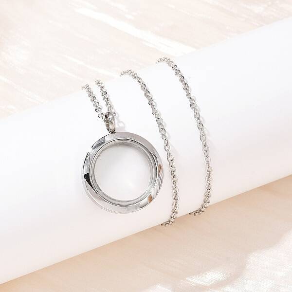 304 Stainless Steel Visible Flat Round Locket Pendant Pet Urn Ashes Necklaces