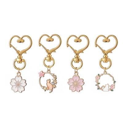 4Pcs Sakura Flower & Cat Alloy Enamel Keychains