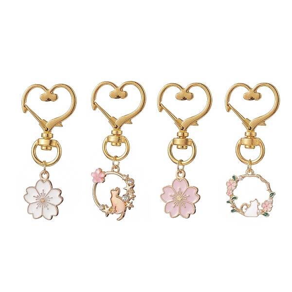 4Pcs Sakura Flower & Cat Alloy Enamel Keychains