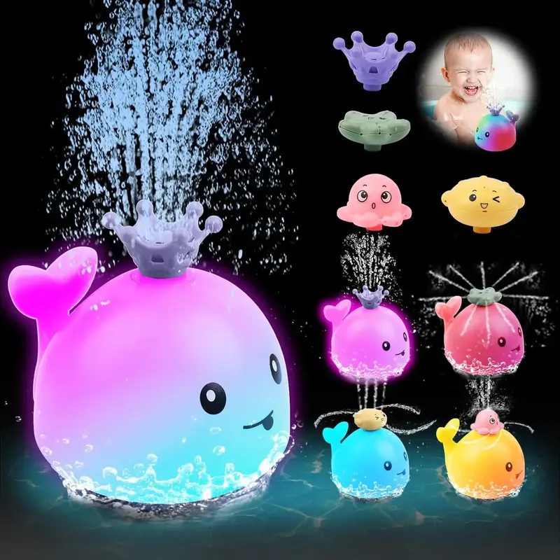 Baby Whale Bath Toy Sprinkler – Light-Up Bathtub Fountain Toy with 4 Water Spray Patterns – Waterproof Floating Toy for T...