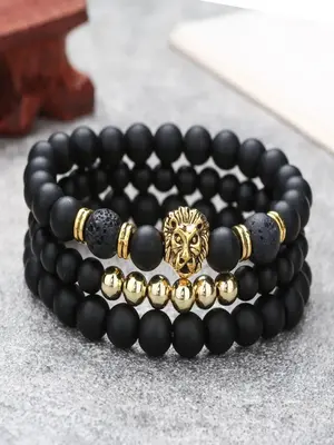 Men's Vintage Lion Head Decor Beaded Bracelets, Trendy Natural Stone Stackable Bracelets, Fashion Jewelry for Party, Daily De...