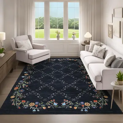 Garvee Floral Black 5x7 Washable Area Rugs for Living Room: Modern Floral Non Slip Large Area Rugs for Bedroom, Large Machine...