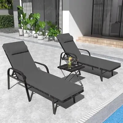 Patio Chaise Lounge Sets Outdoor Armchair Recliner Rattan Adjustable Back 3 Pieces Cushioned Patio Folding Chaise Lounge with...