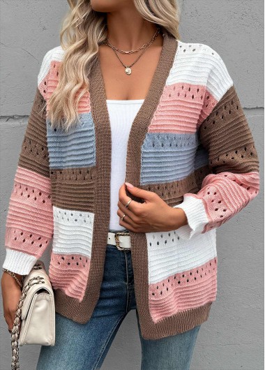 Modlily Pink Tummy Coverage Striped Long Sleeve Cardigan - S
