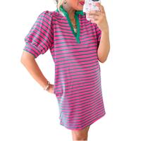Mntaor Women's Summer Pink V Neck Striped Dress with Puff Short Sleeves - Casual Polo T-shirt Style, Comfortable Fit