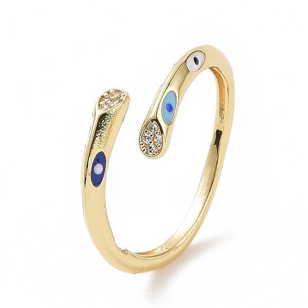 Clear Cubic Zirconia Teardrop Open Cuff Ring with Enamel Evil Eye