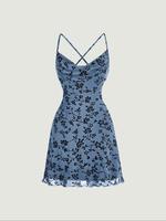 Women's Floral Print Contrast Mesh Cami Dress, Casual Vintage Lettuce Trim Criss Cross Dress, Spaghetti Strap Dresses for Wom...