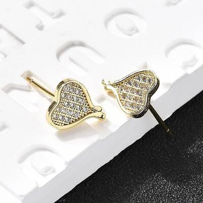 Heart Brass Micro Pave Cubic Zirconia Ear Studs