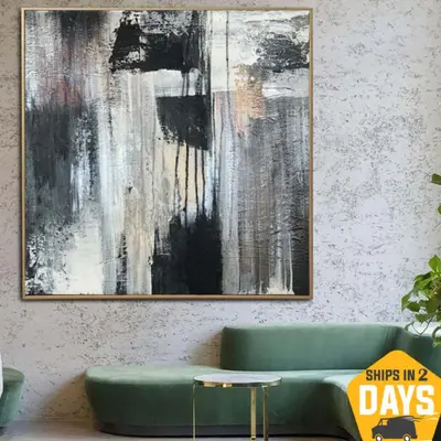 Large Framed Art Painting White Art Black Modern Paintings on Canvas Paintings Original Oil Abstract Room Decor | STREAKED WI...