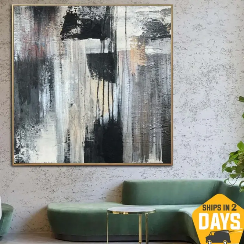 Large Framed Art Painting White Art Black Modern Paintings on Canvas Paintings Original Oil Abstract Room Decor | STREAKED WI...