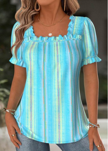 Modlily Light Blue Multi Stripe Print Short Sleeve Blouse - S