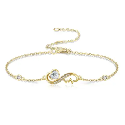 14K Gold Heart Cubic Zirconia Charm Bracelet For Women