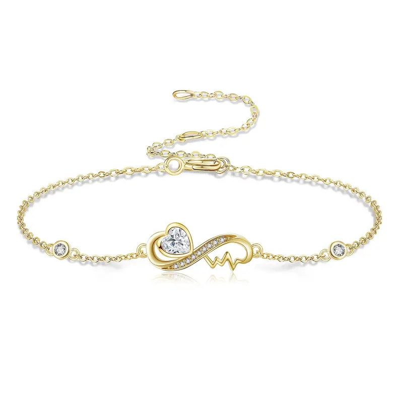14K Gold Heart Cubic Zirconia Charm Bracelet For Women