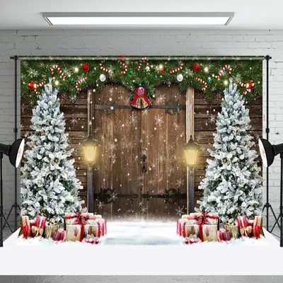Aperturee Snowy Wood Door Scene Xmas Trees Christmas Backdrop - Aperturee