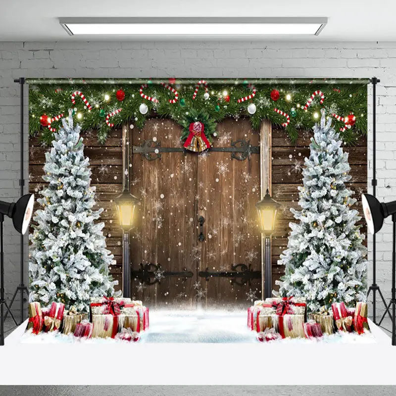 Aperturee Snowy Wood Door Scene Xmas Trees Christmas Backdrop - Aperturee
