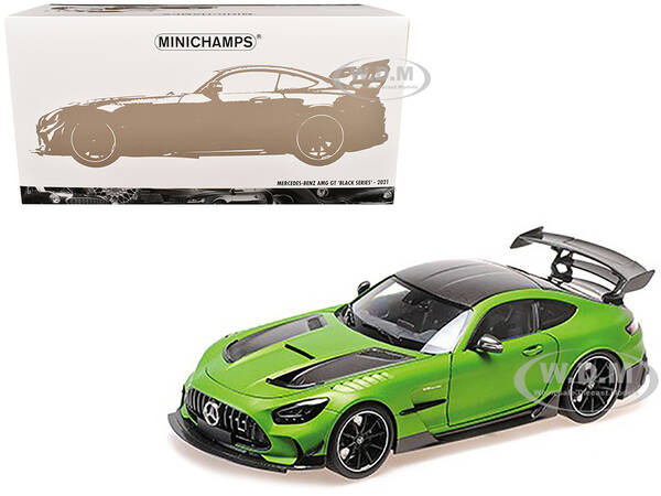2021 Mercedes-Benz AMG GT Black Series Matt Green Metallic with Black Top and Hood Stripes 1/18 Diecast Model Car by Minicham...