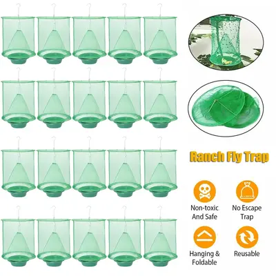Dazone Ranch Fly Trap Reusable Hanging Fly Catcher Cage with Plastic Pots Flies Killer Control for Indoor and Outdoor, Family...