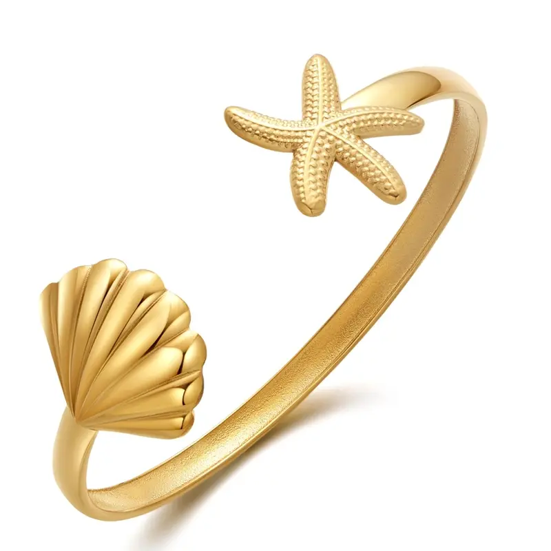 Sterling Silver with Yellow Gold Plated Star & Shell Plain Bangle Bracelet