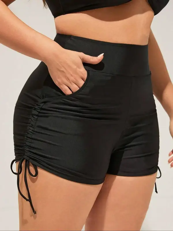 Plus Size Solid Drawstring Side High Waist Swim Shorts, Swimsuit for Women, Casual Sporty Breathable Comfortable Ruched Pocke...