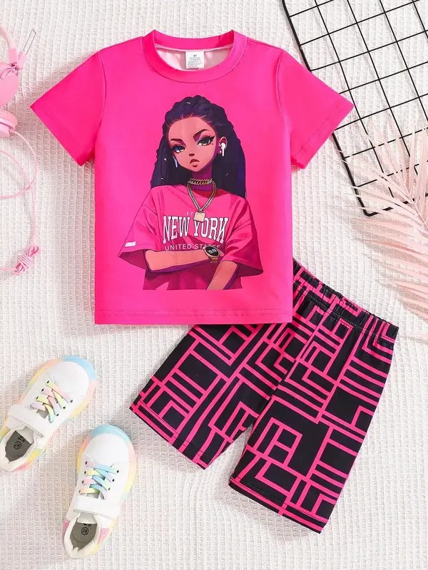 Girl's Graphic  Print Short Sleeve Tee &  Shorts Two-piece Set, Casual Fashion Round Neck T-shirt &  Bottoms for Daily Wear, ...