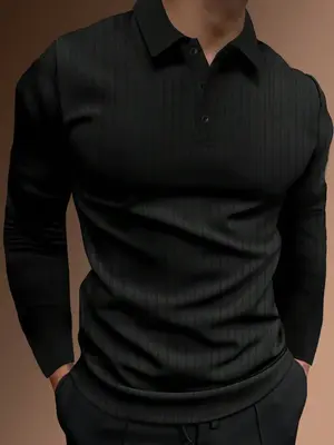 Men's Solid Buttons Polo Shirt, Regular Fit Casual Long Sleeve Top for Spring & Fall, Menswear for Daily Wear