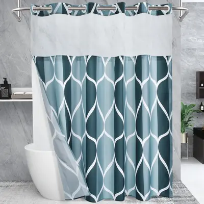 YIATN No Hook Shower Curtain with Snap in Fabric Liner Set - Hotel Style with See Through Mesh Top Window, Modern Geometric W...
