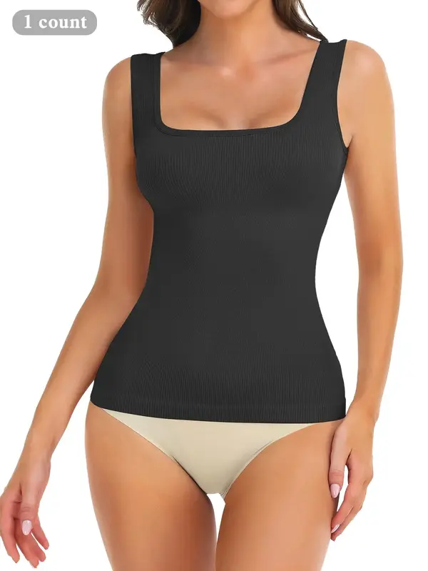Women's Tummy Control Shapewear Tank Tops, Square Neck Seamless Ribbed Compression Tops, Solid Backless Slimming Body Shaper