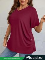 【Plus Size】 Plain Fake Buttons Ruched Tee, Casual Short Sleeve V Neck T-shirt for Summer, Women's Plus Clothing for Dail...