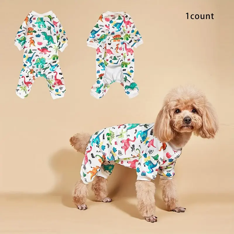 Cartoon Dinosaur Print Pet Jumpsuit, Multicolor Cute Pet Jumpsuit, Comfort Pet Clothes for Summer Party