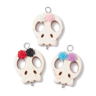 Halloween Skull Synthetic Turquoise Connector Charms with Flower Resin