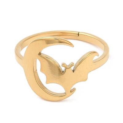 Ion Plating(IP) 304 Stainless Steel Moon with Bat Adjustable Ring for Women