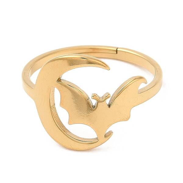 Ion Plating(IP) 304 Stainless Steel Moon with Bat Adjustable Ring for Women